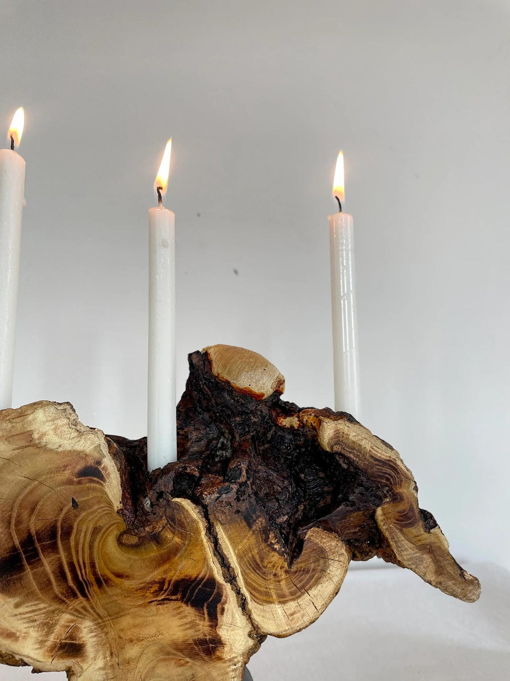 Artistic Live Edge Wood Candelabra on Black Pedestal (Holds 3 Taper Candles)
