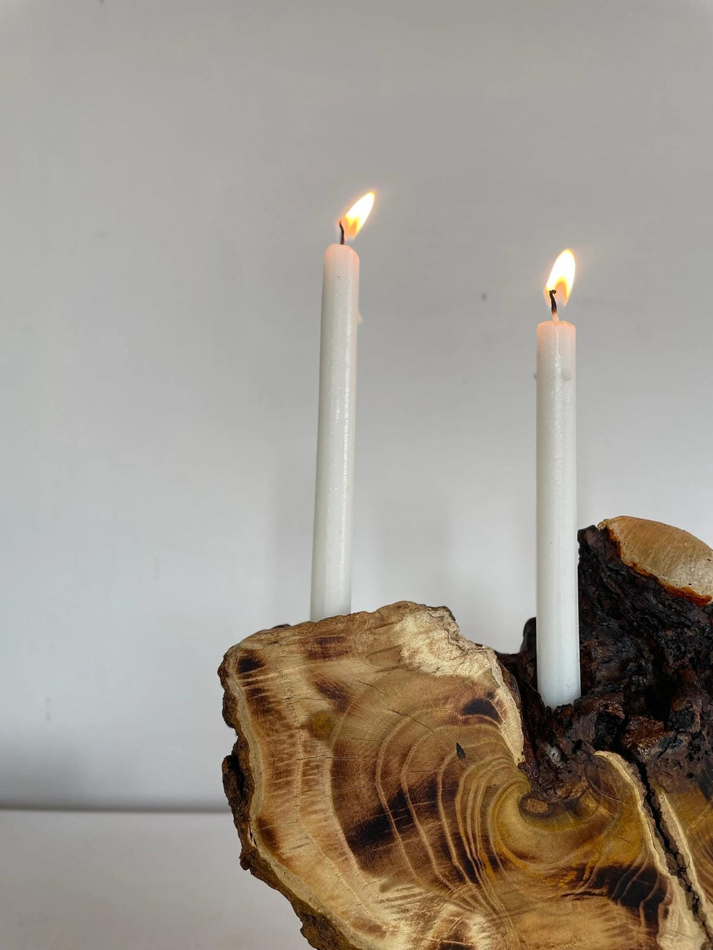 Artistic Live Edge Wood Candelabra on Black Pedestal (Holds 3 Taper Candles)