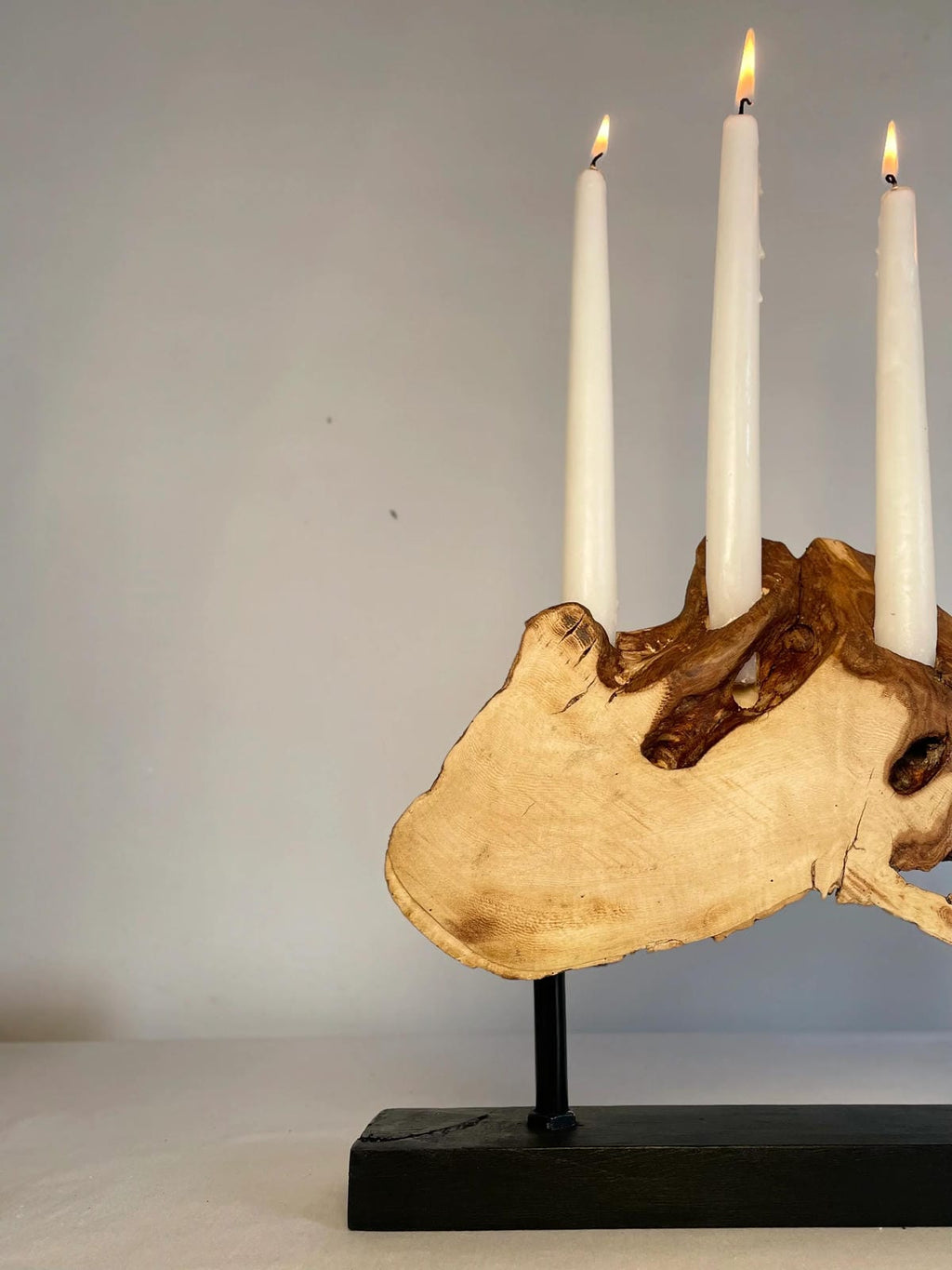 Rustic Live Edge Driftwood Candelabra on Black Metal Stand (Holds 4 Taper Candles)