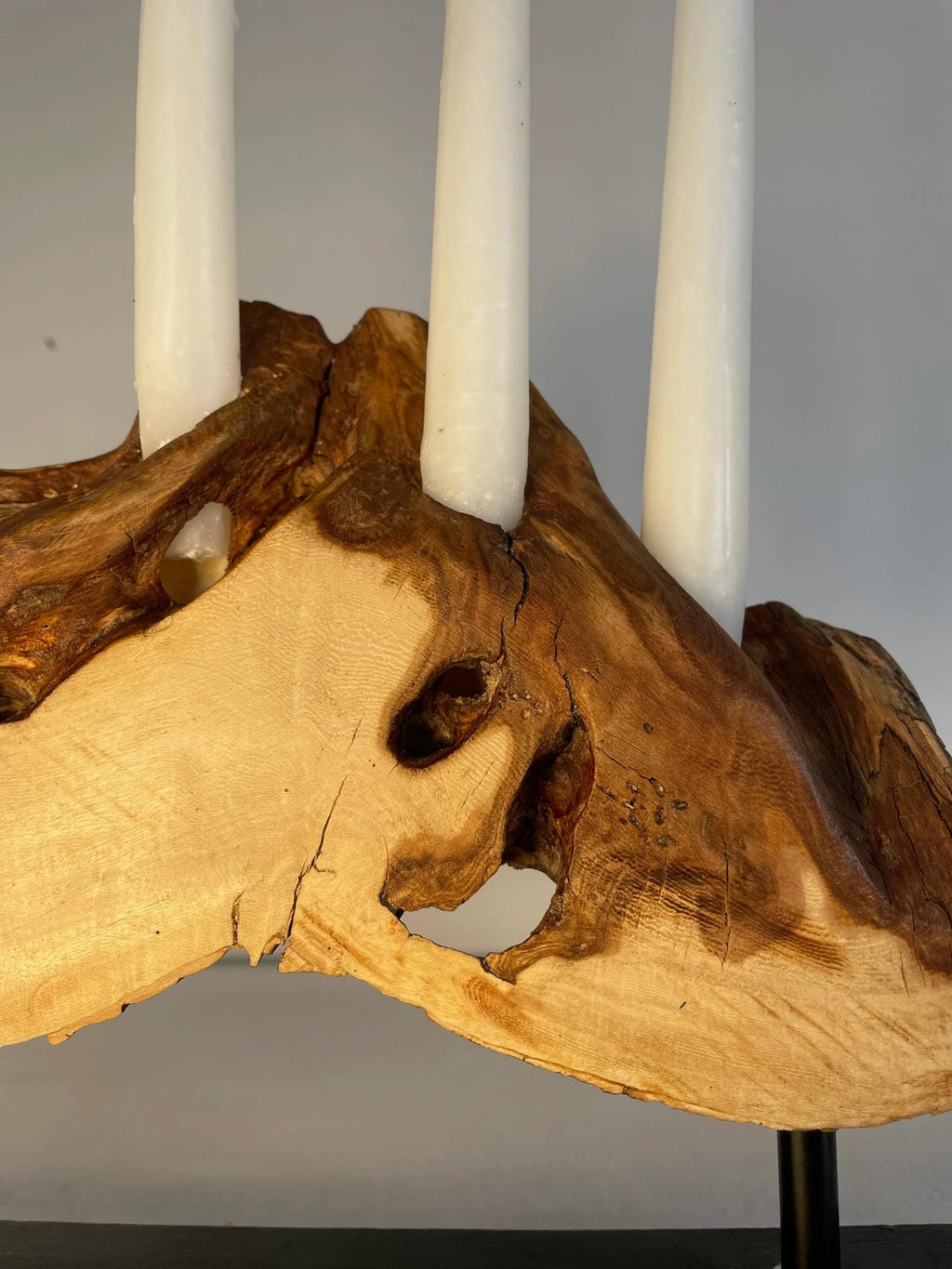 Rustic Live Edge Driftwood Candelabra on Black Metal Stand (Holds 4 Taper Candles)