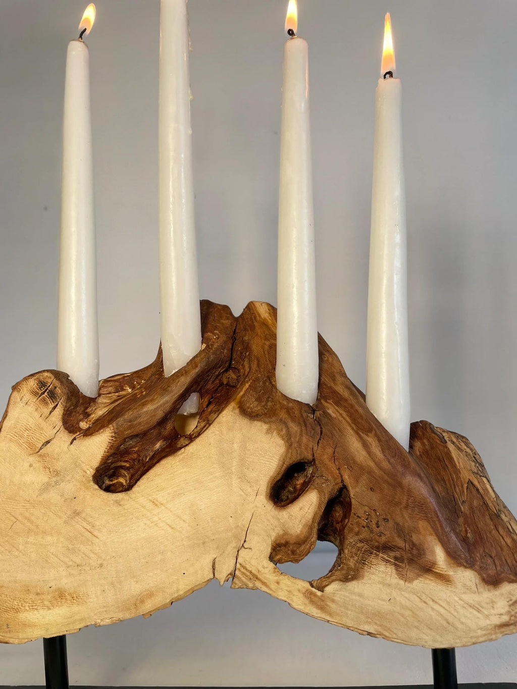 Rustic Live Edge Driftwood Candelabra on Black Metal Stand (Holds 4 Taper Candles)