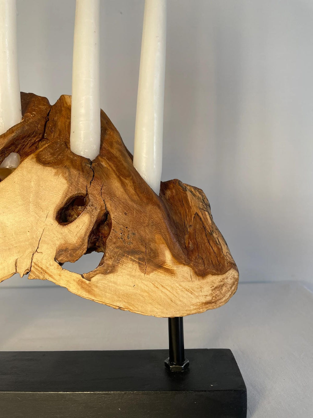 Rustic Live Edge Driftwood Candelabra on Black Metal Stand (Holds 4 Taper Candles)