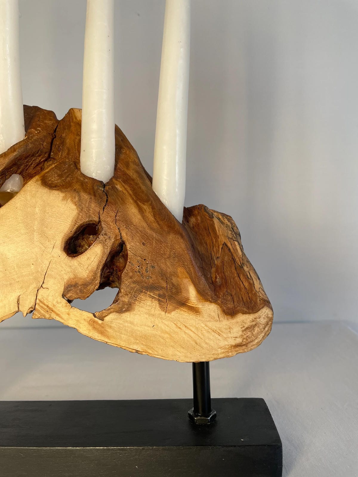 Rustic Live Edge Driftwood Candelabra on Black Metal Stand (Holds 4 Taper Candles)