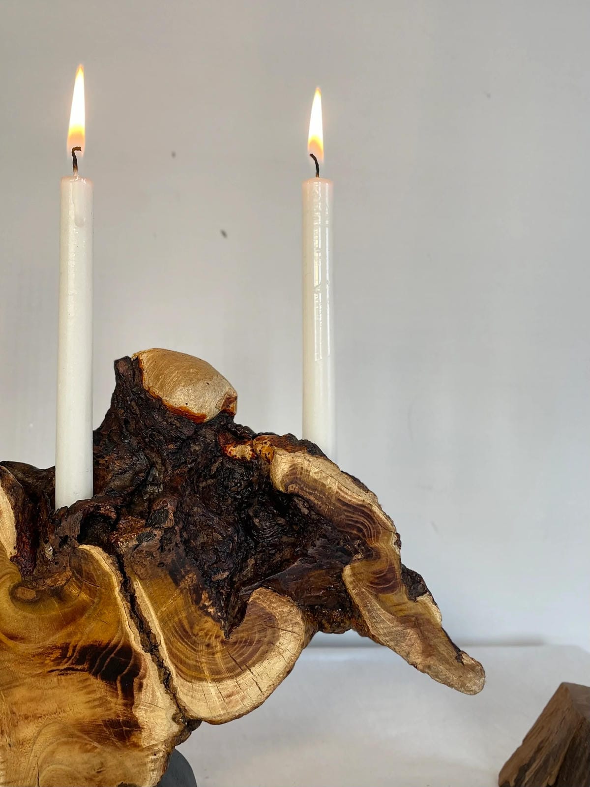 Artistic Live Edge Wood Candelabra on Black Pedestal (Holds 3 Taper Candles)