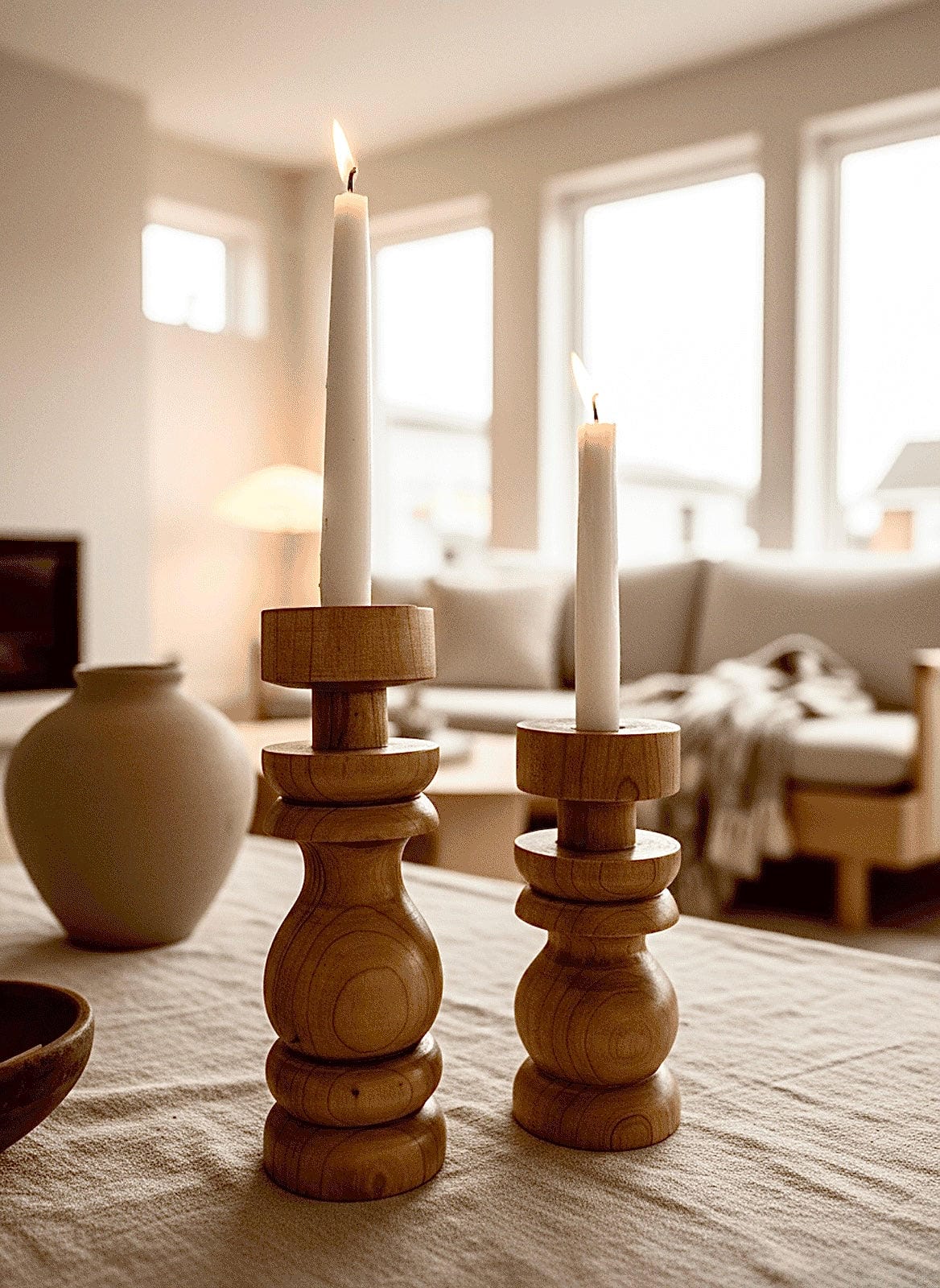 Set of Two Spindle Turned Wood Candlestick Holders (Stacked Rings Design)