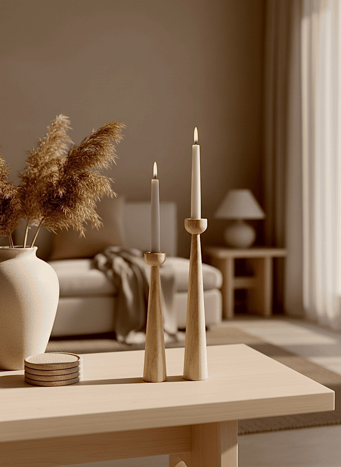 Set of Two Tall Tapered Turned Wood Candlestick Holders