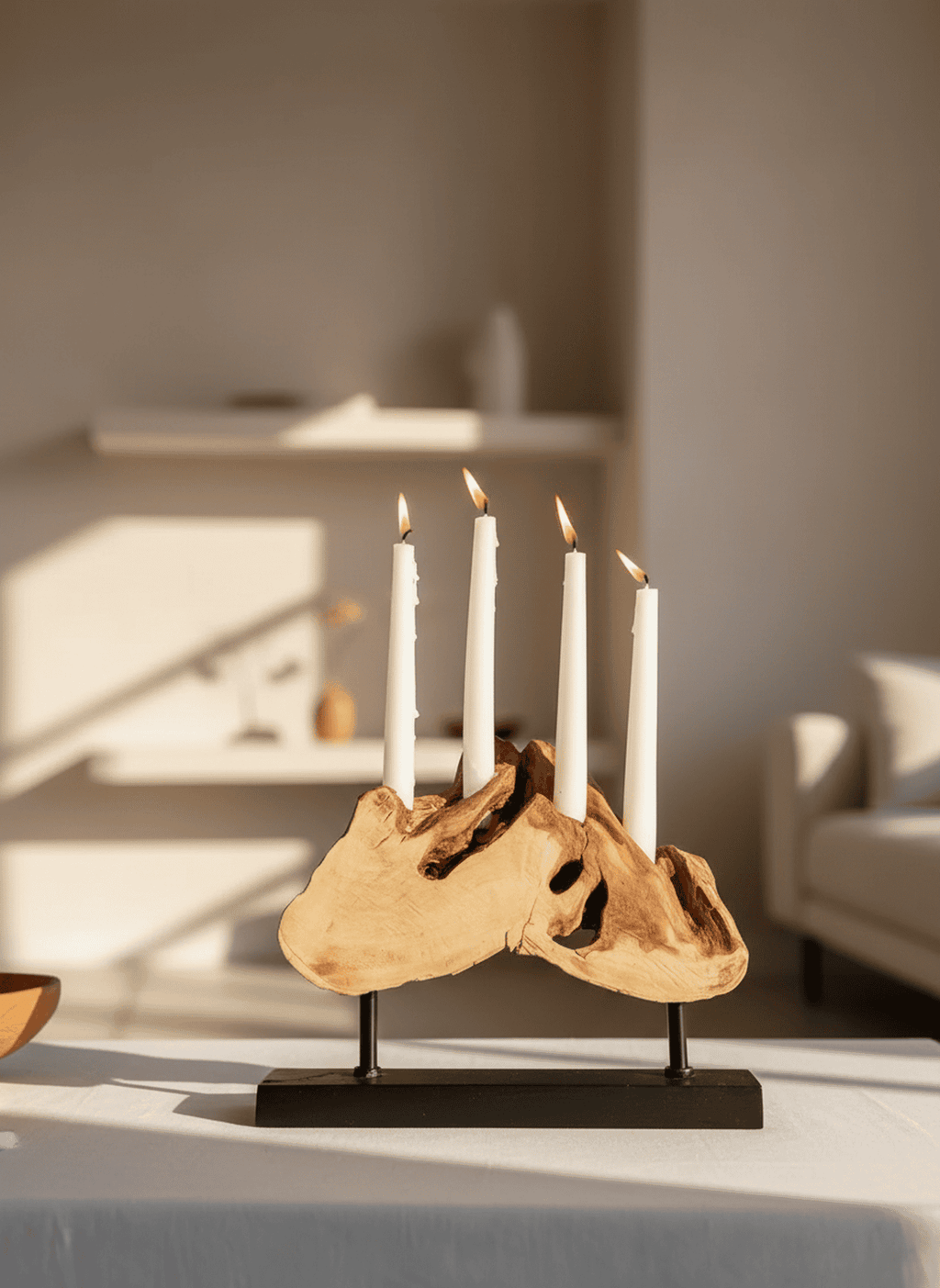 Rustic Live Edge Driftwood Candelabra on Black Metal Stand (Holds 4 Taper Candles)