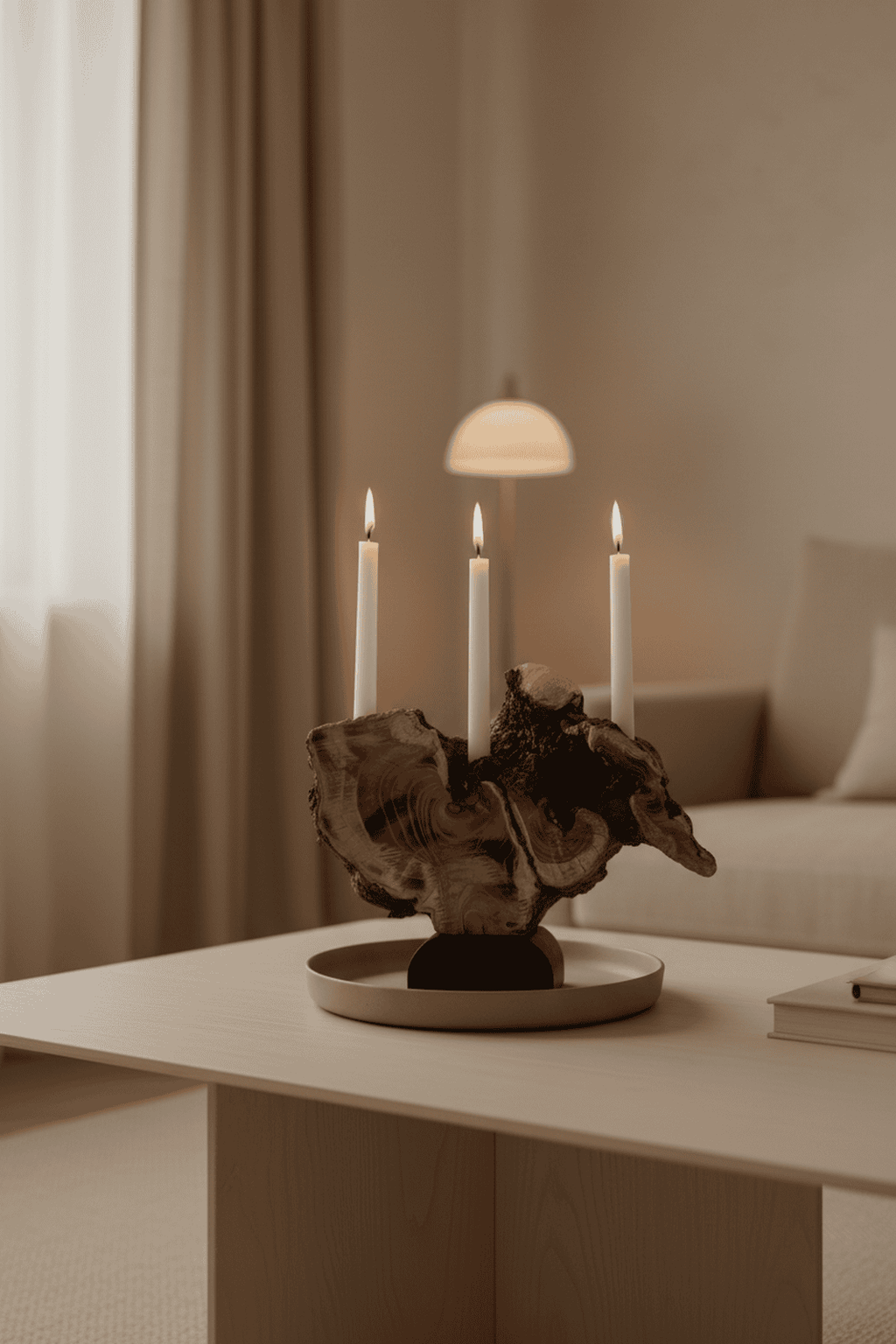 Artistic Live Edge Wood Candelabra on Black Pedestal (Holds 3 Taper Candles)