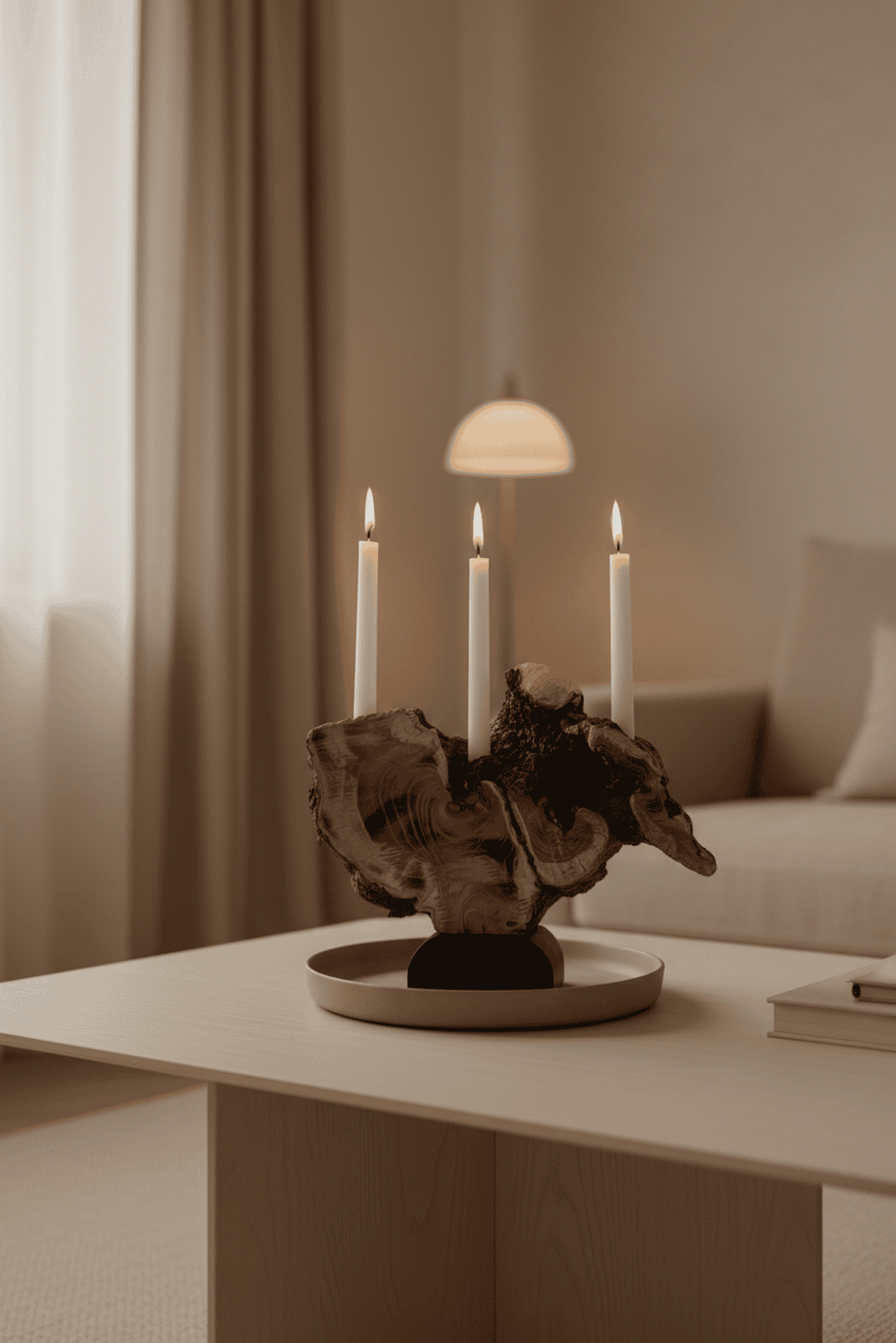 Artistic Live Edge Wood Candelabra on Black Pedestal (Holds 3 Taper Candles)