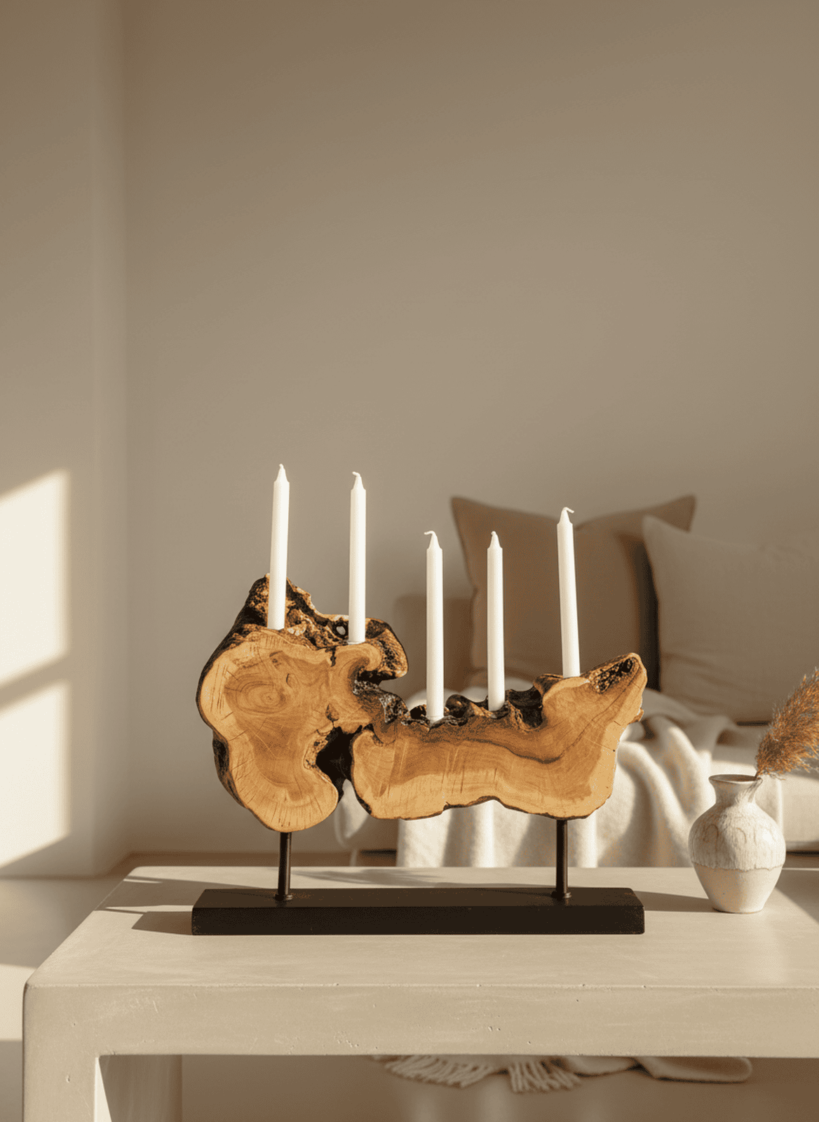 Rustic Live Edge Wood Candle Holder – 5-Taper Centerpiece