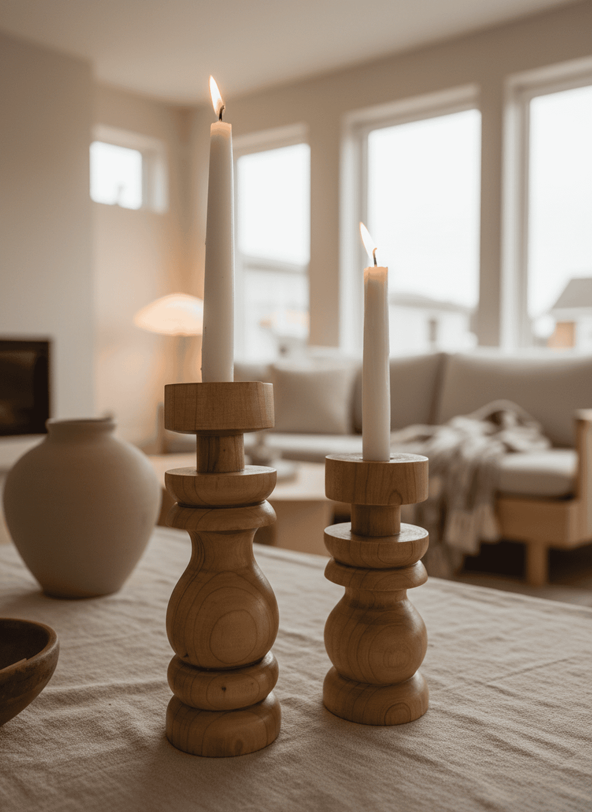 Set of Two Spindle Turned Wood Candlestick Holders (Stacked Rings Design)