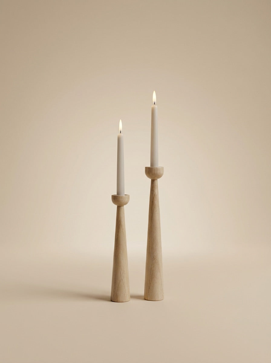 Set of Two Tall Tapered Turned Wood Candlestick Holders Adorn your home with this exquisite set of two handcrafted wooden