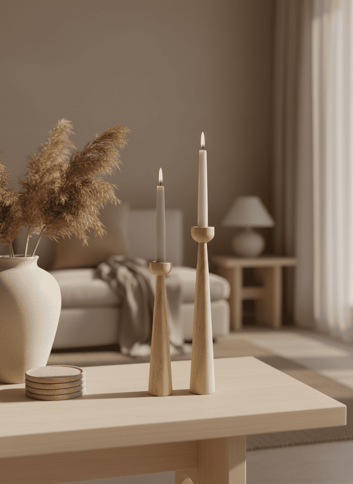 Set of Two Tall Tapered Turned Wood Candlestick Holders