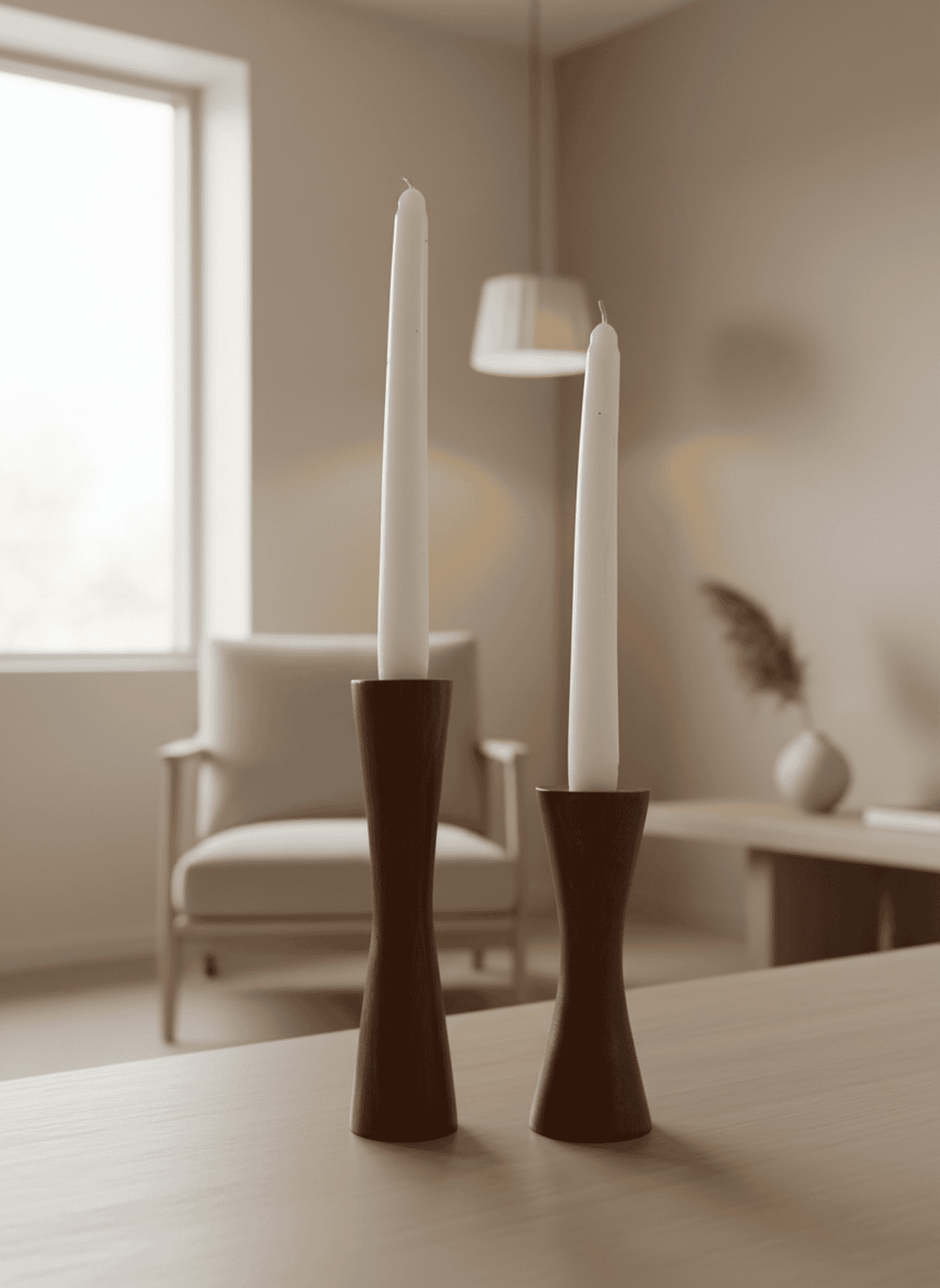 Mid-Century Modern Dark Wood Hourglass Candlestick Set (Set of 2)