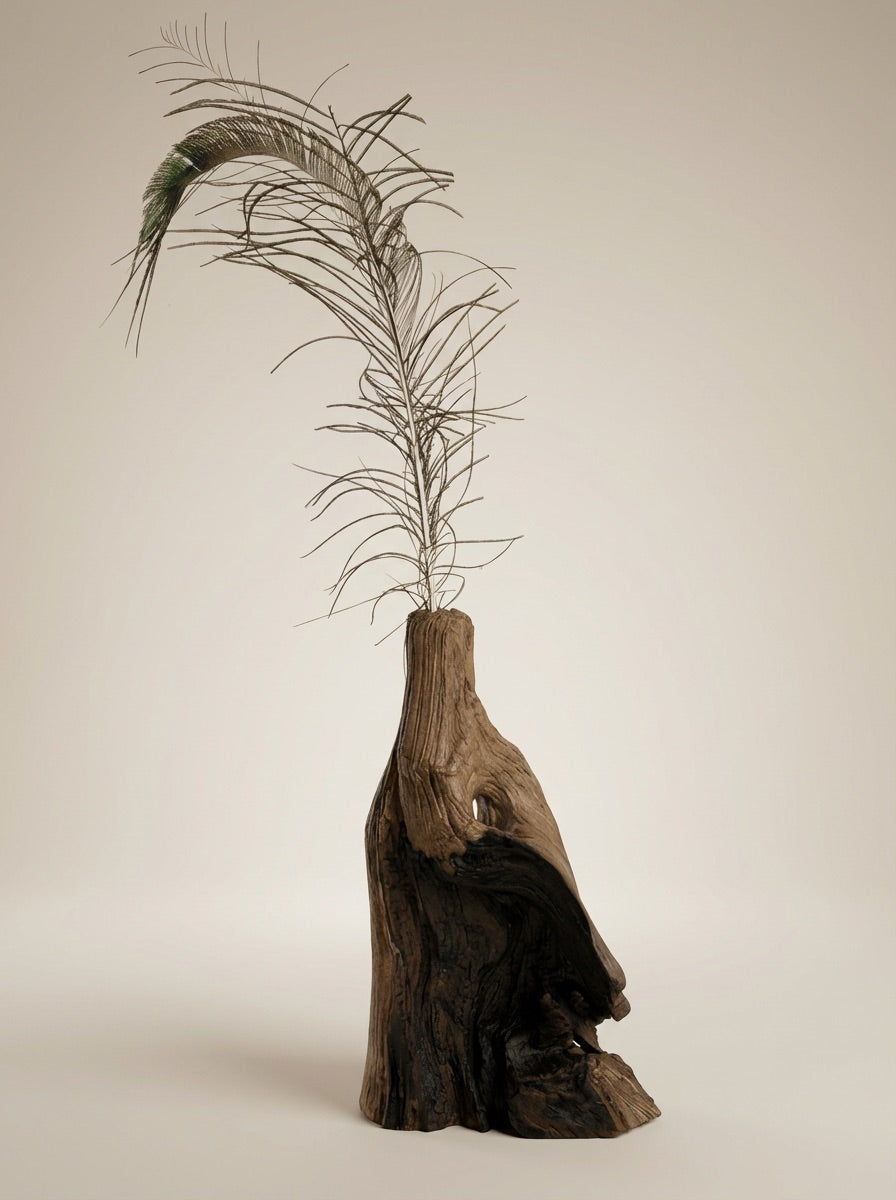 Unique Floor Vase with Peacock Feather Accent Make a striking natural art statement with this unique piece of handcrafted