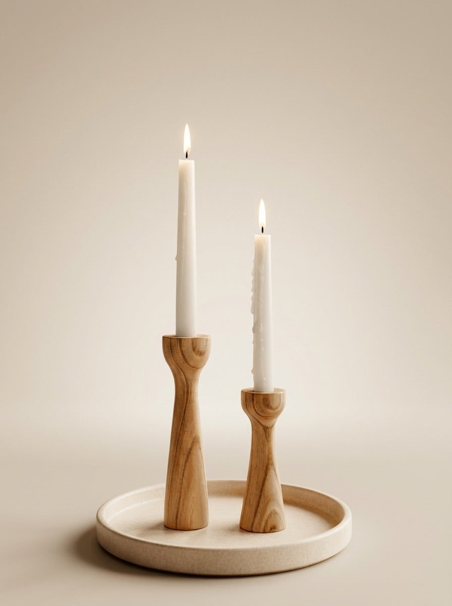 Set of Two Modern Turned Wood Taper Candle Holders (Varying Heights) Enhance your space with this charming set of two