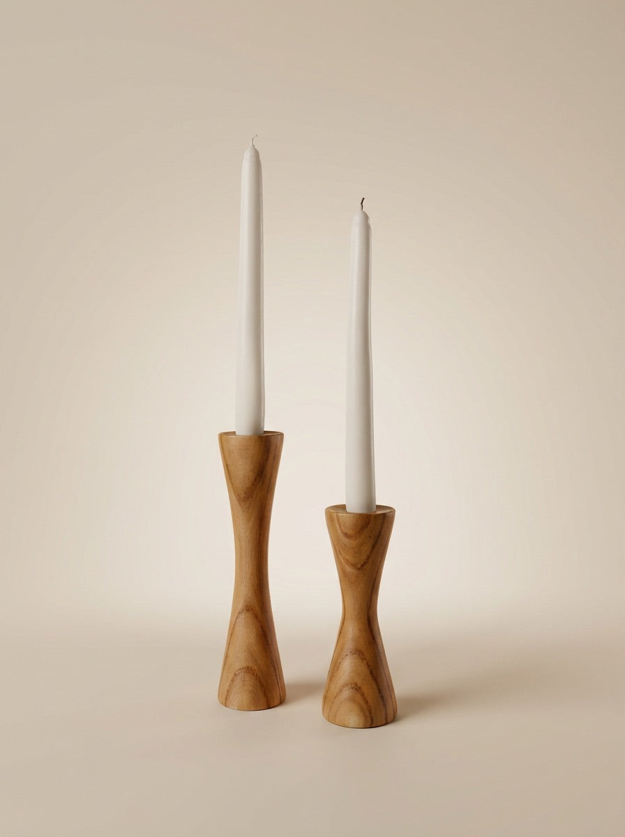 Hourglass Turned Wood Taper Candle Holder Set (Set of 2) Bring a touch of mid-century modern flair to your home with this