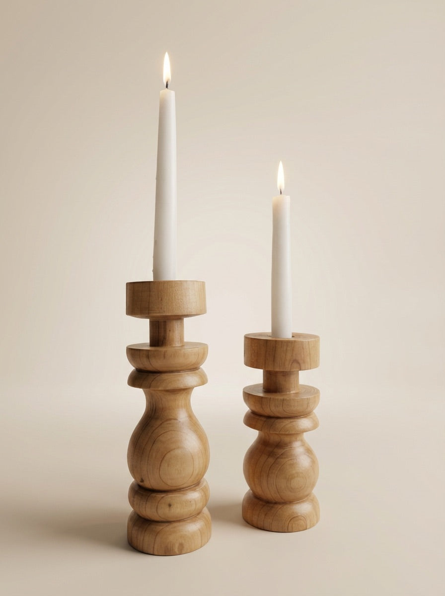 Set of Two Spindle Turned Wood Candlestick Holders (Stacked Rings Design) Add a touch of classic craftsmanship to your decor