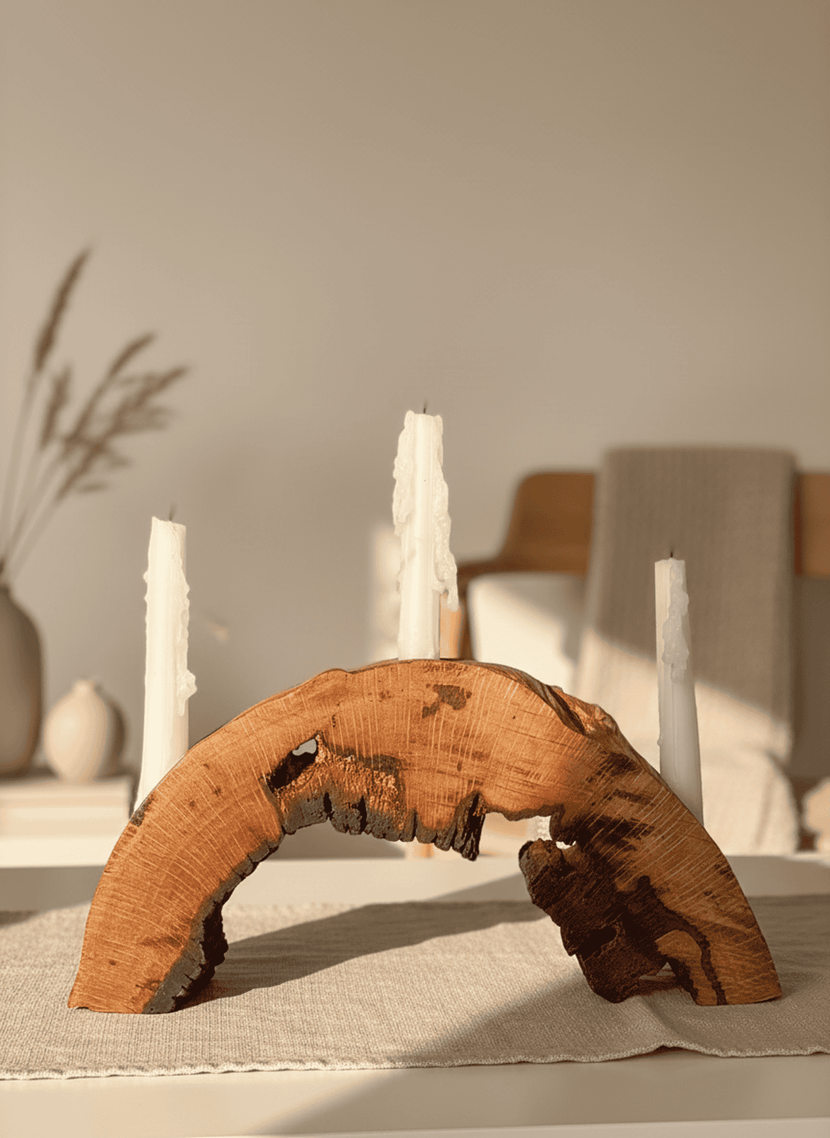 Sculptural Live Edge Wood Arch Candle Holder (Holds 3 Taper Candles)