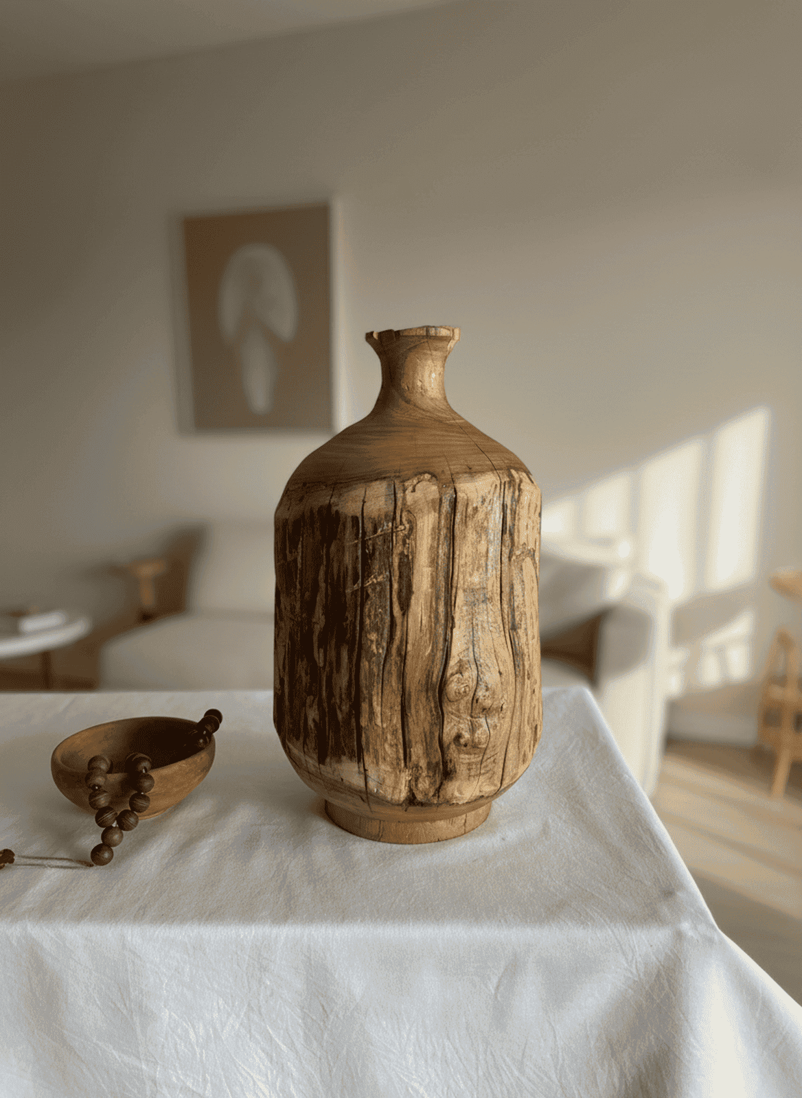 Artisanal Hand-Carved Rustic Bark Vase