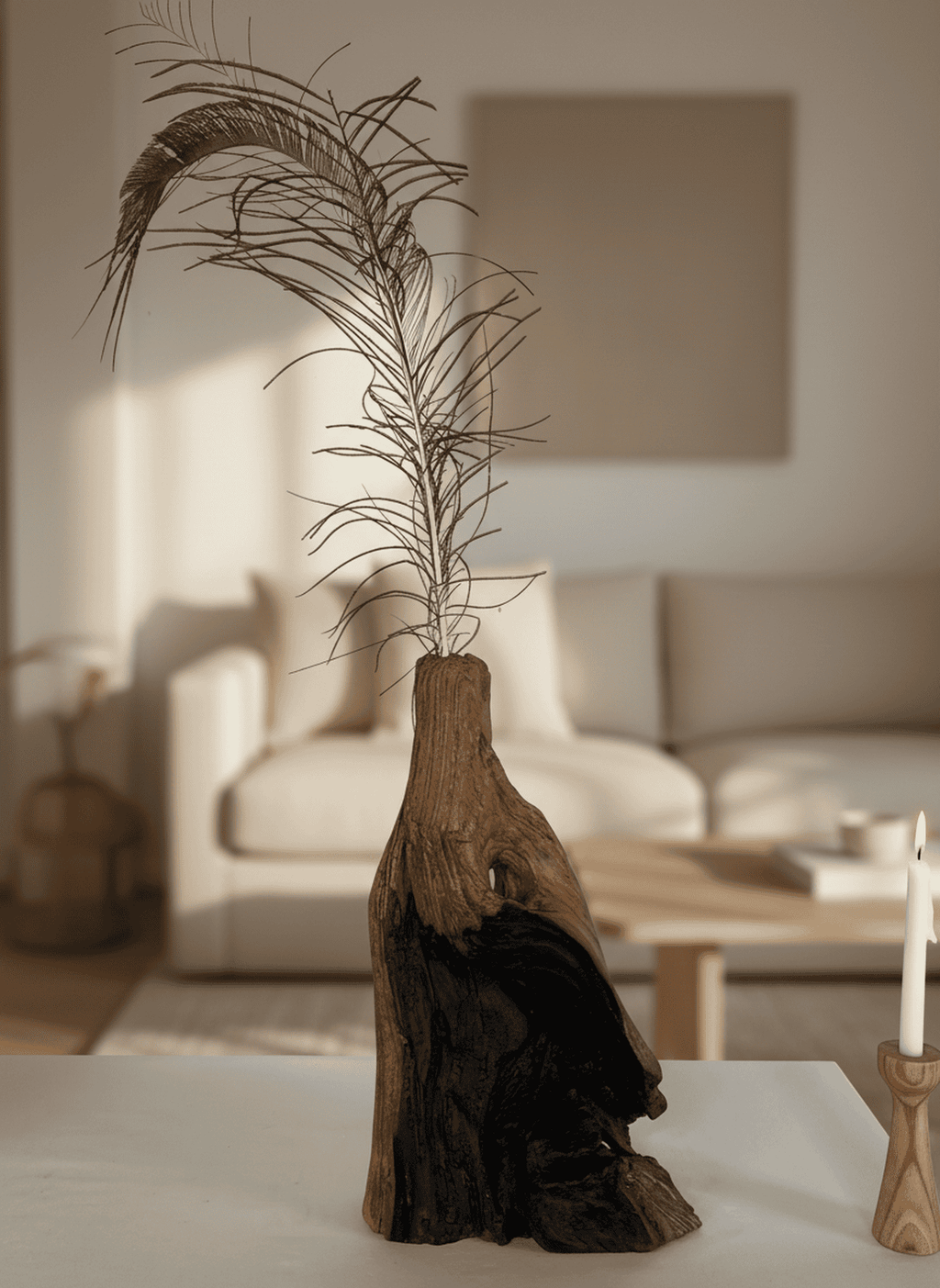 Unique Floor Vase with Peacock Feather Accent