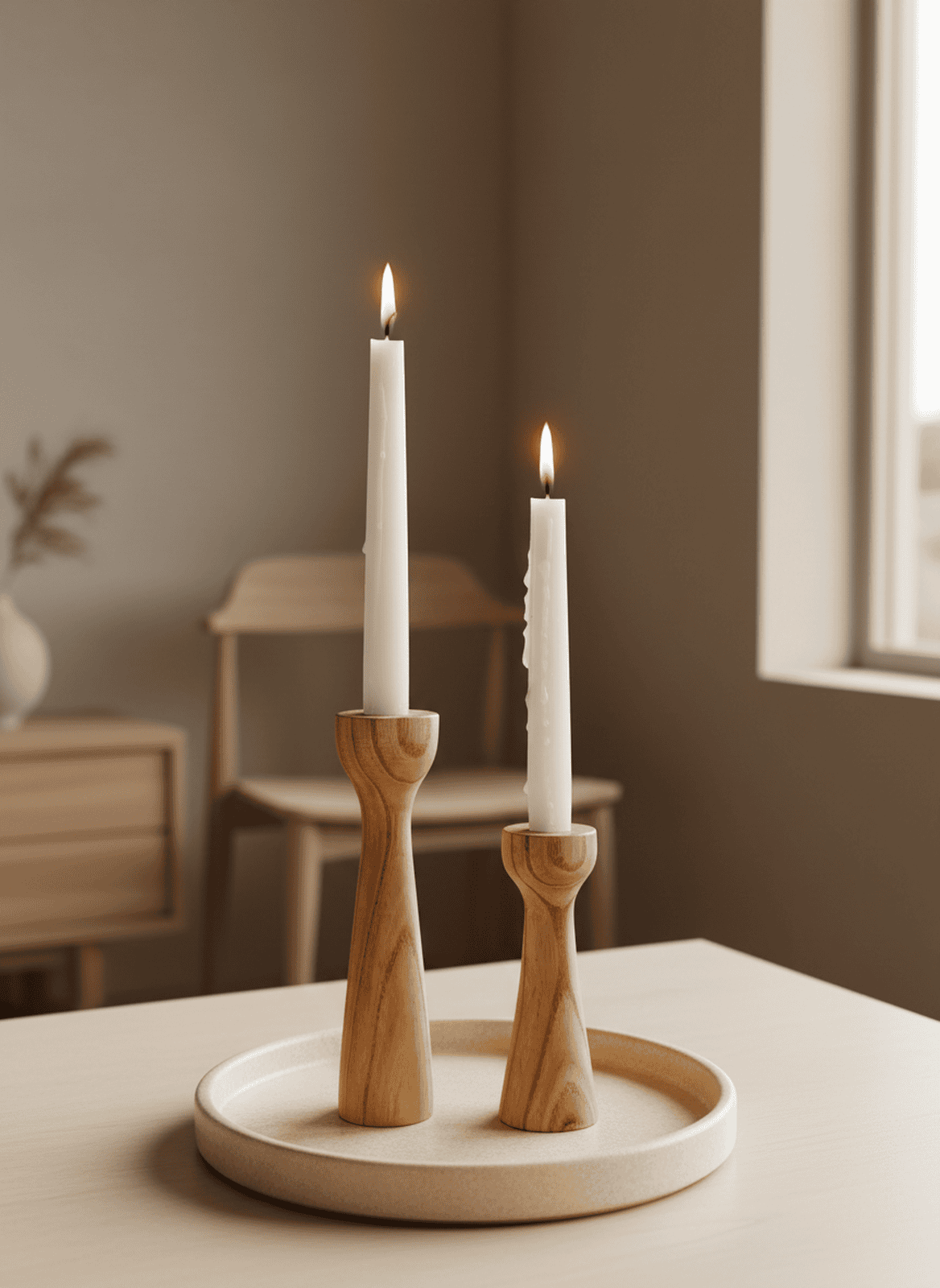 Set of Two Modern Turned Wood Taper Candle Holders (Varying Heights)