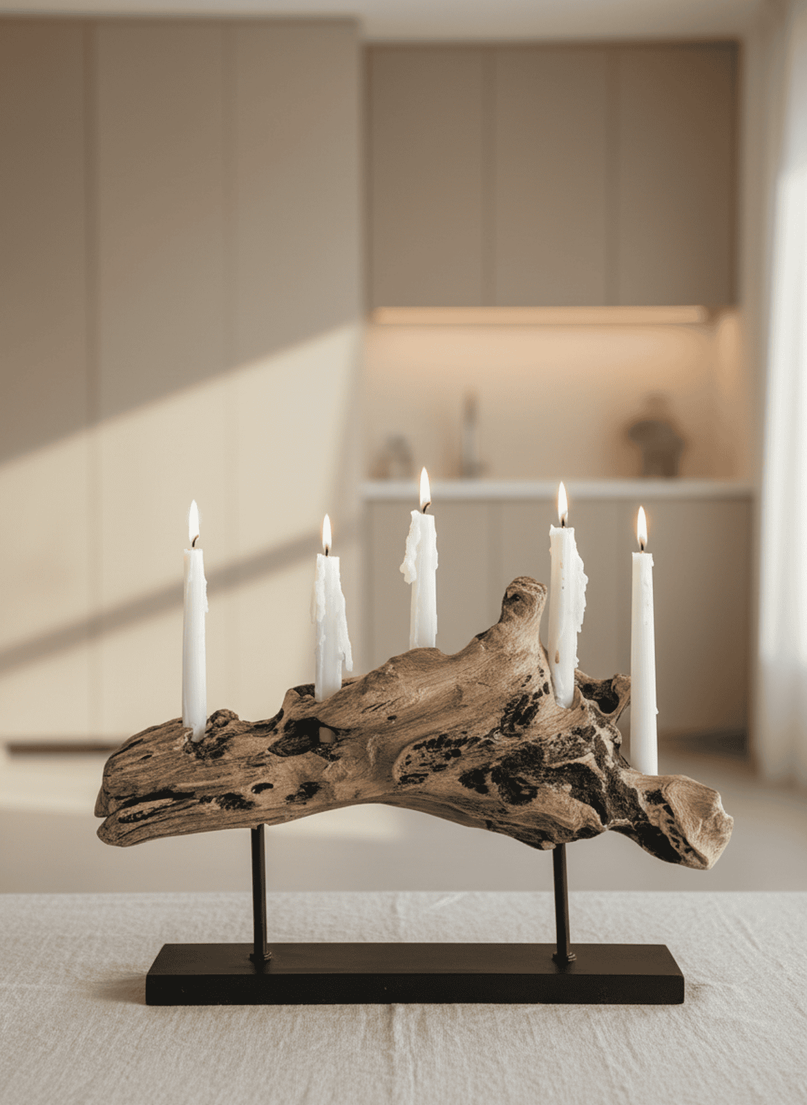 Sculptural Driftwood Candelabra on Modern Black Stand (Holds 5 Taper Candles)