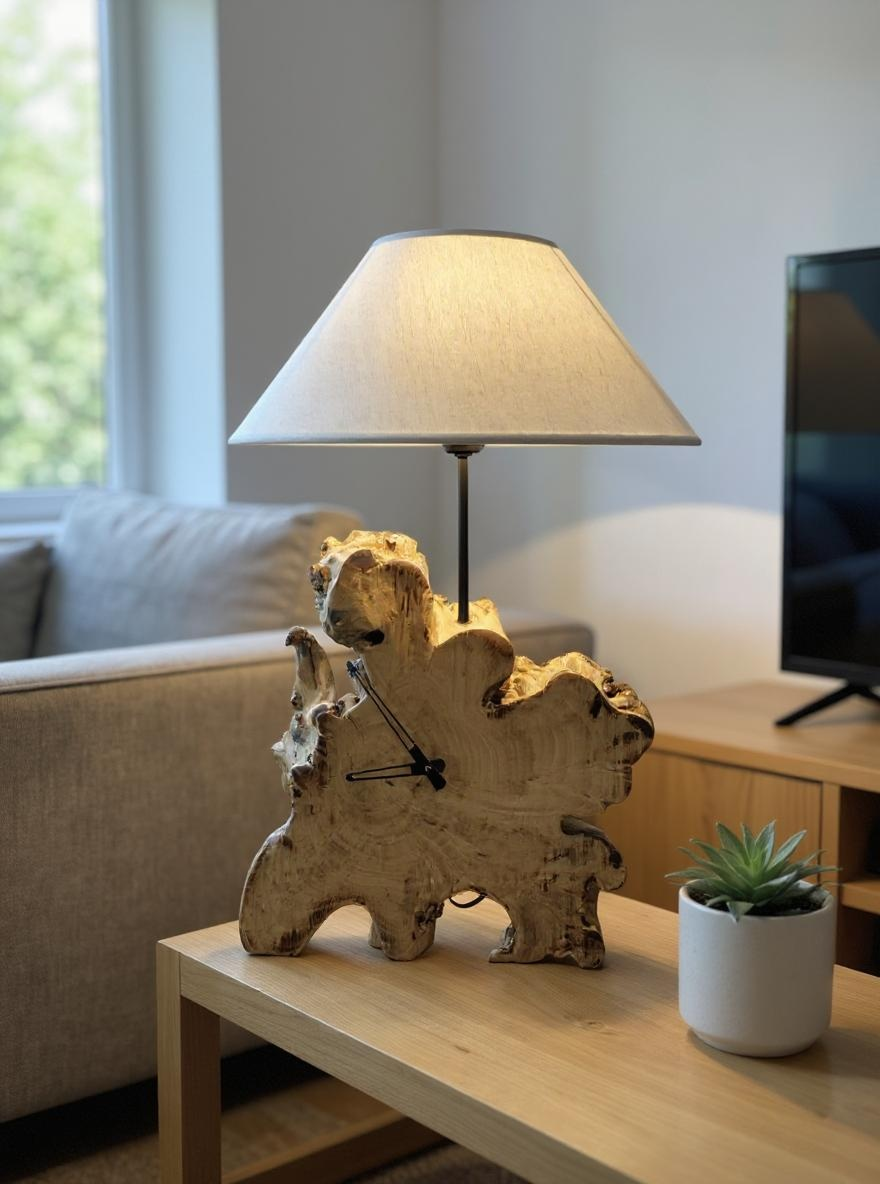 Natural Wood Clock & Lamp