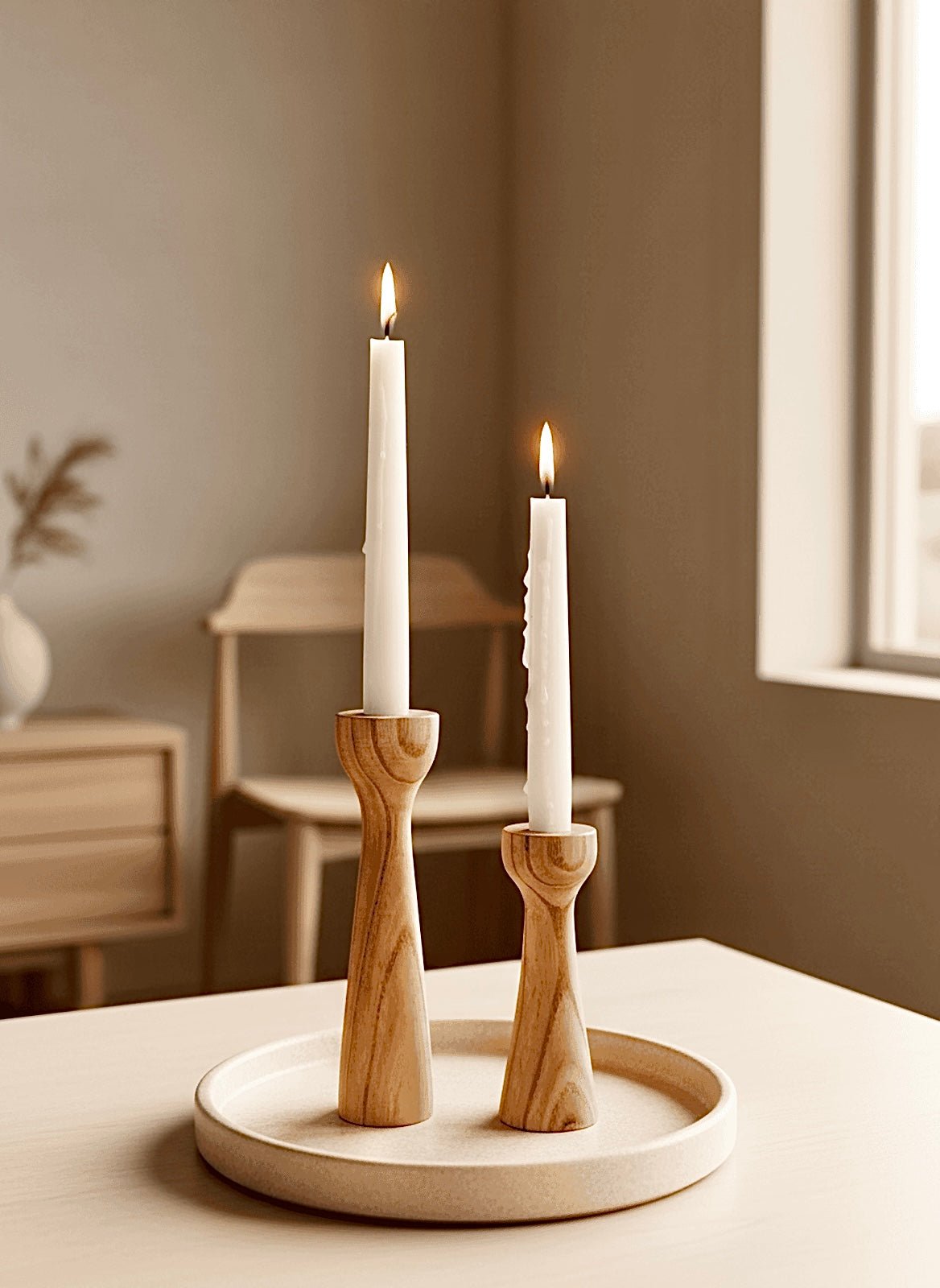 Set of Two Modern Turned Wood Taper Candle Holders (Varying Heights) - Ghaaroon
